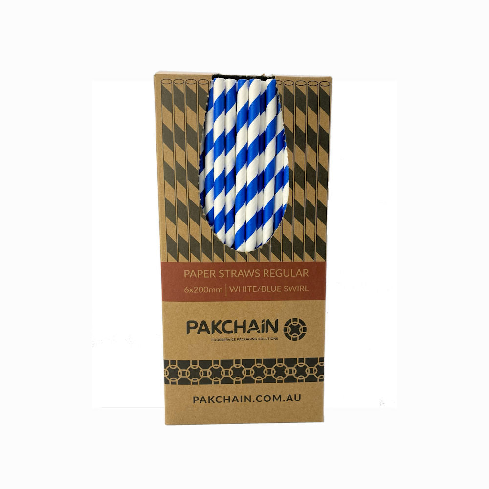 Paper Straws Regular 6 x 200mm - White/Blue Swirl (Box)