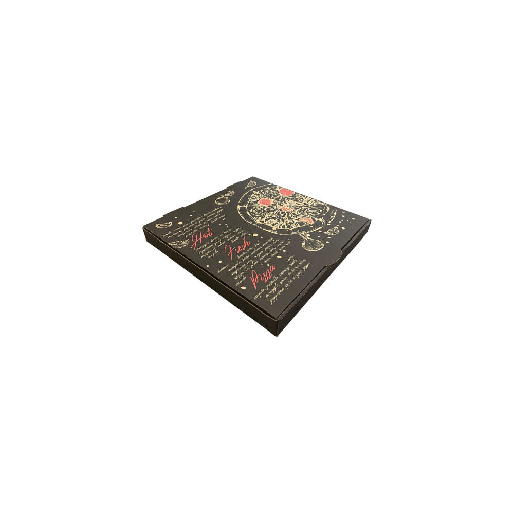 Pizza Box Gallery 7" x 42mm - Kraft/Design 10 - Black & Red - Hot Fresh Pizza - Image #1