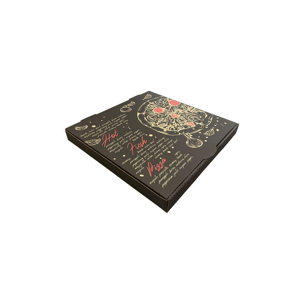 Pizza Box Gallery 9" x 42mm - Kraft/Design 10 - Black & Red - Hot Fresh Pizza - Image #1