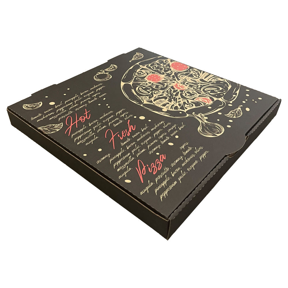 Pizza Box Gallery 15" x 42mm - Kraft/Design 10 - Black & Red - Hot Fresh Pizza - Image #1