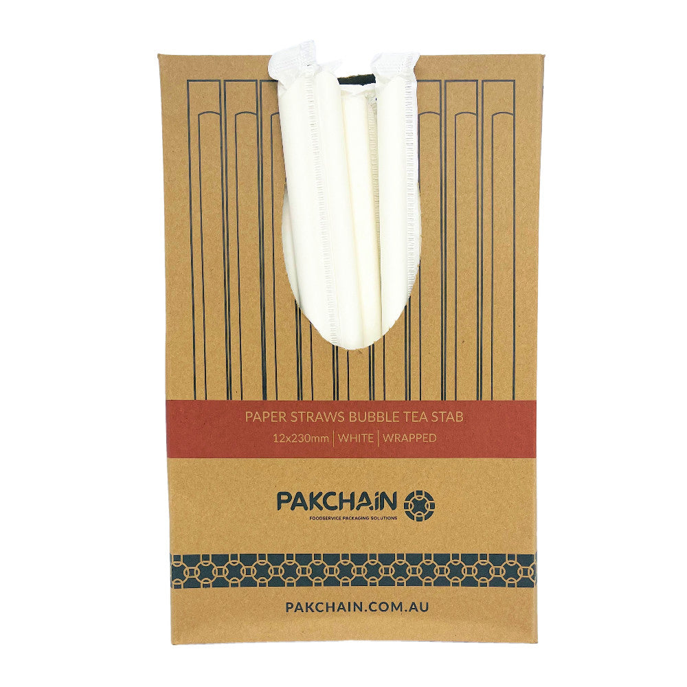 Paper Straws Bubble Tea Stab 12 x 230mm – White Wrapped (Box)