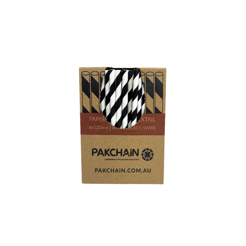 Paper Straws Cocktail 6 x 120mm - White/Black Swirl (Box)