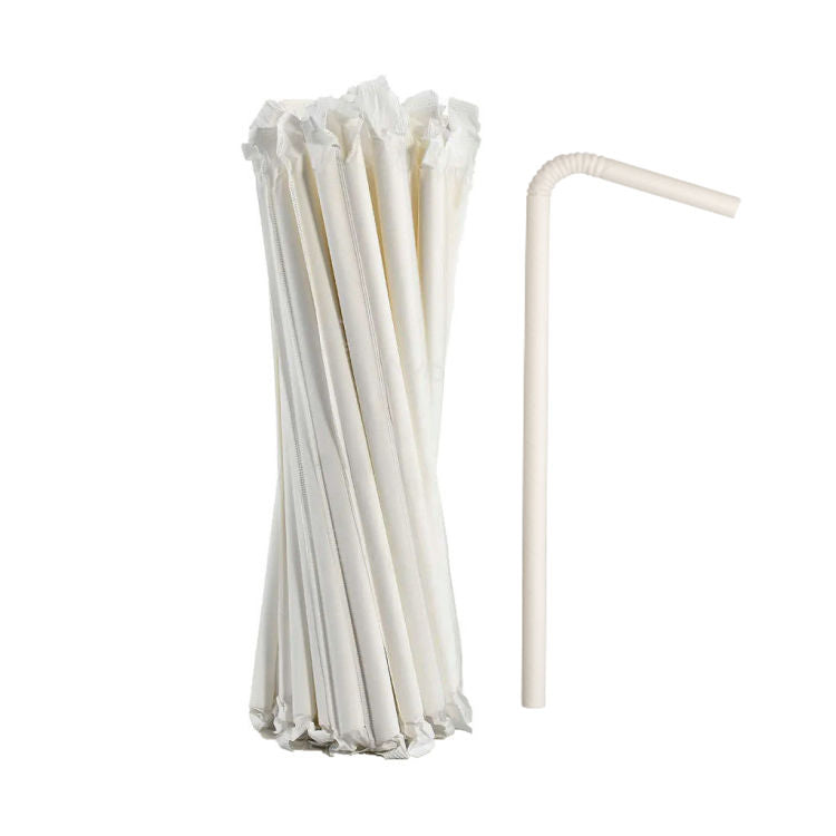 Paper Straws Flexi Bendy 6 x 200mm - White Wrapped - Image #1