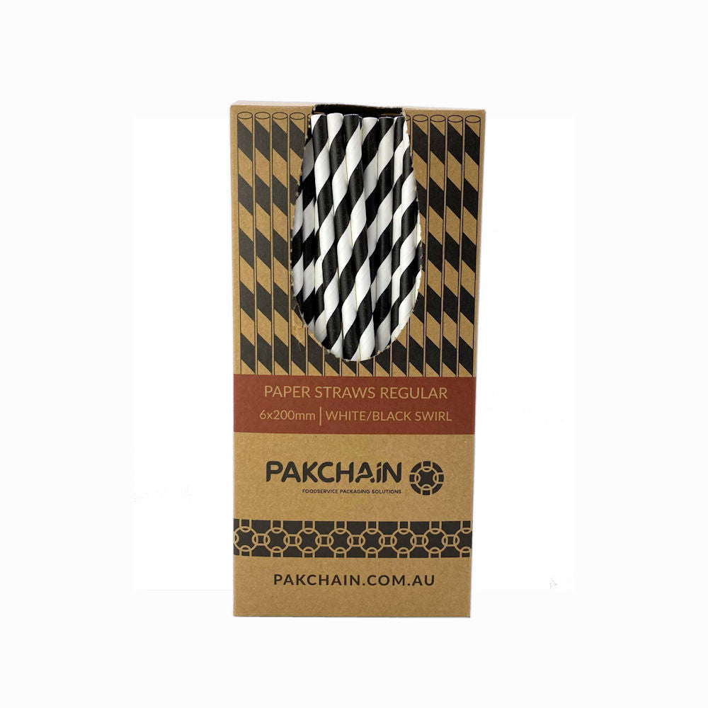 Paper Straws Regular 6 x 200mm - White/Black Swirl - Image #2