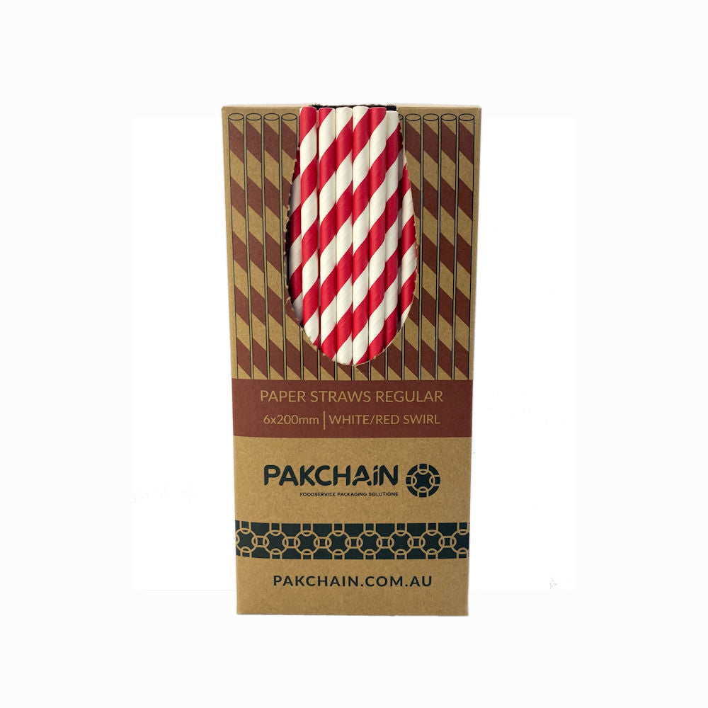 Paper Straws Regular 6 x 200mm - White/Red Swirl - Image #3