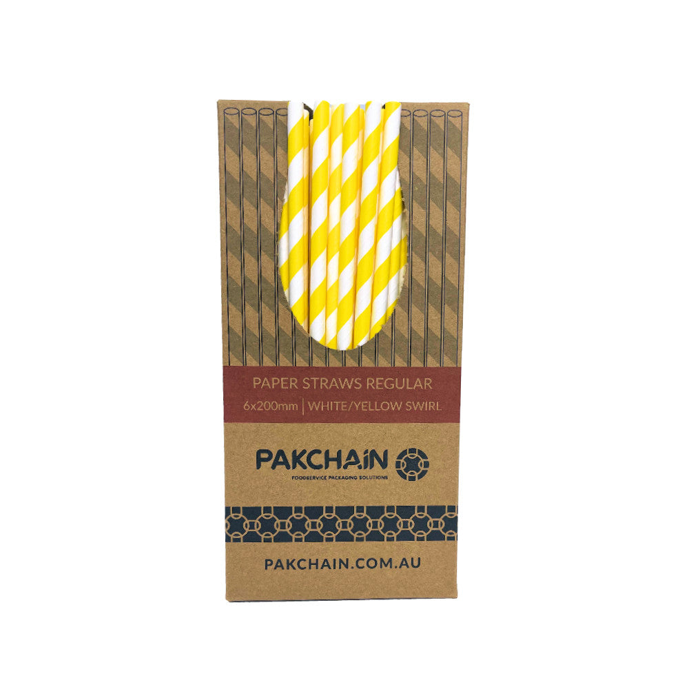 Paper Straws Regular 6 x 200mm - White/Yellow Swirl (Box)