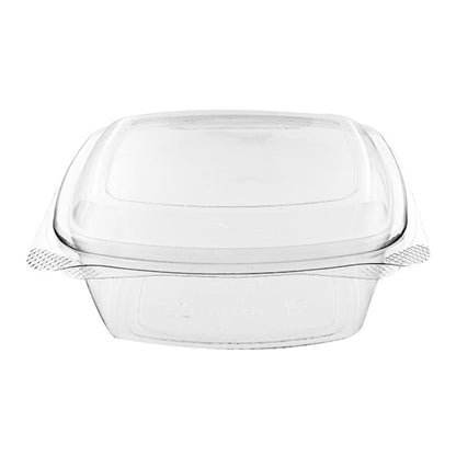 A clear rectangular hinged container made of PET plastic, designed for food service take-out.