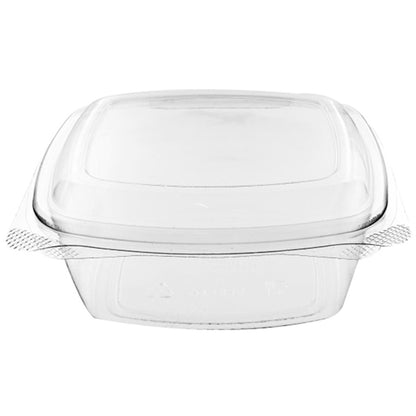 A clear rectangular hinged container made of PET plastic, designed for food service take-out.