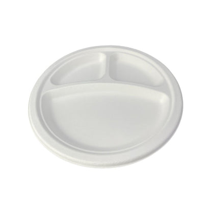 Round Plate 9" (23cm) 3 Sections - PFAS Free White - Sugarcane