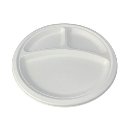 Round Plate 10" (25cm) 3 Sections - PFAS Free White - Sugarcane