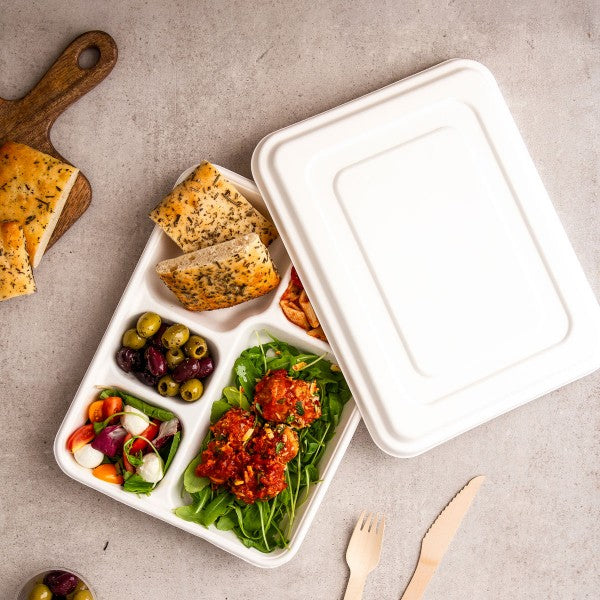 Meal Tray with Lid - 5 Sections White - Sugarcane - Image #2