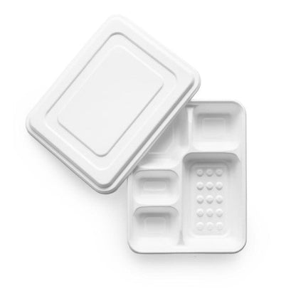 Meal Tray with Lid - 5 Sections White - Sugarcane - Image #1