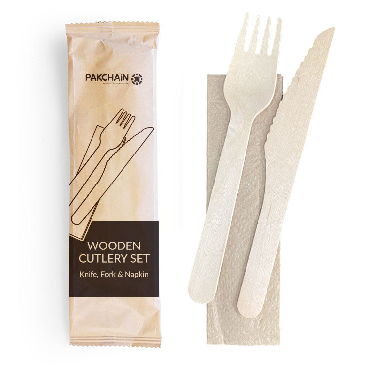 16cm Birchwood Knife, Fork & Napkin Set - Smooth Feel - Premium Natural - Image #1