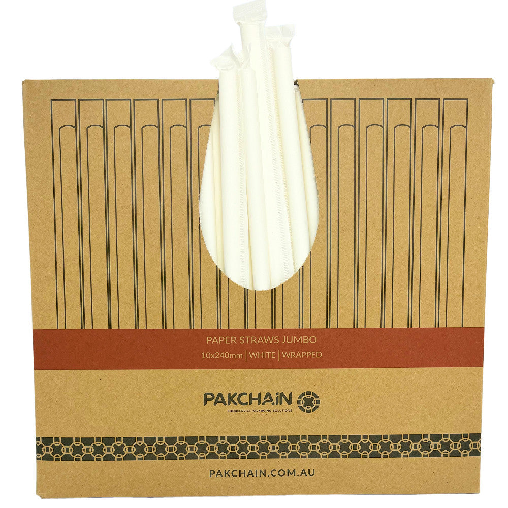 Paper Straws Jumbo 10 x 240mm - White Wrapped - Image #2